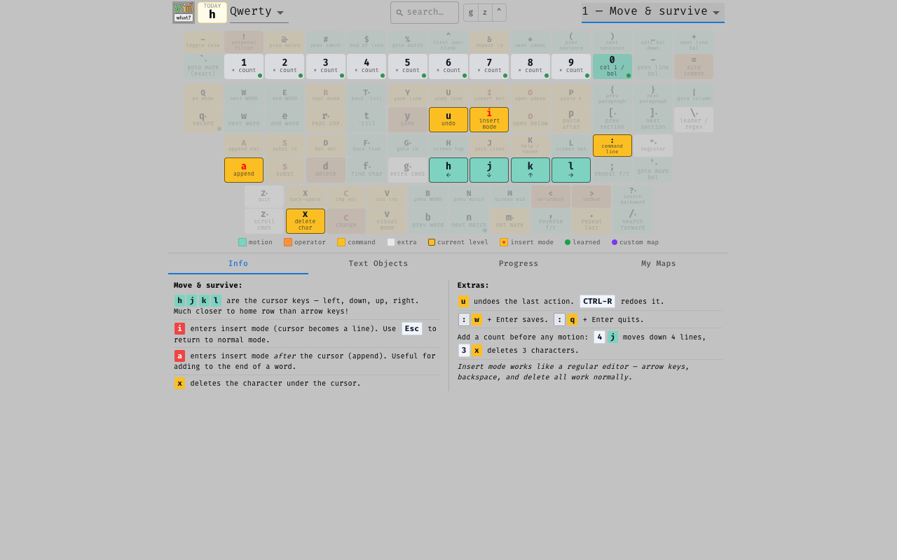 Lesson 1 — Move & survive: hjkl and basic insert keys highlighted