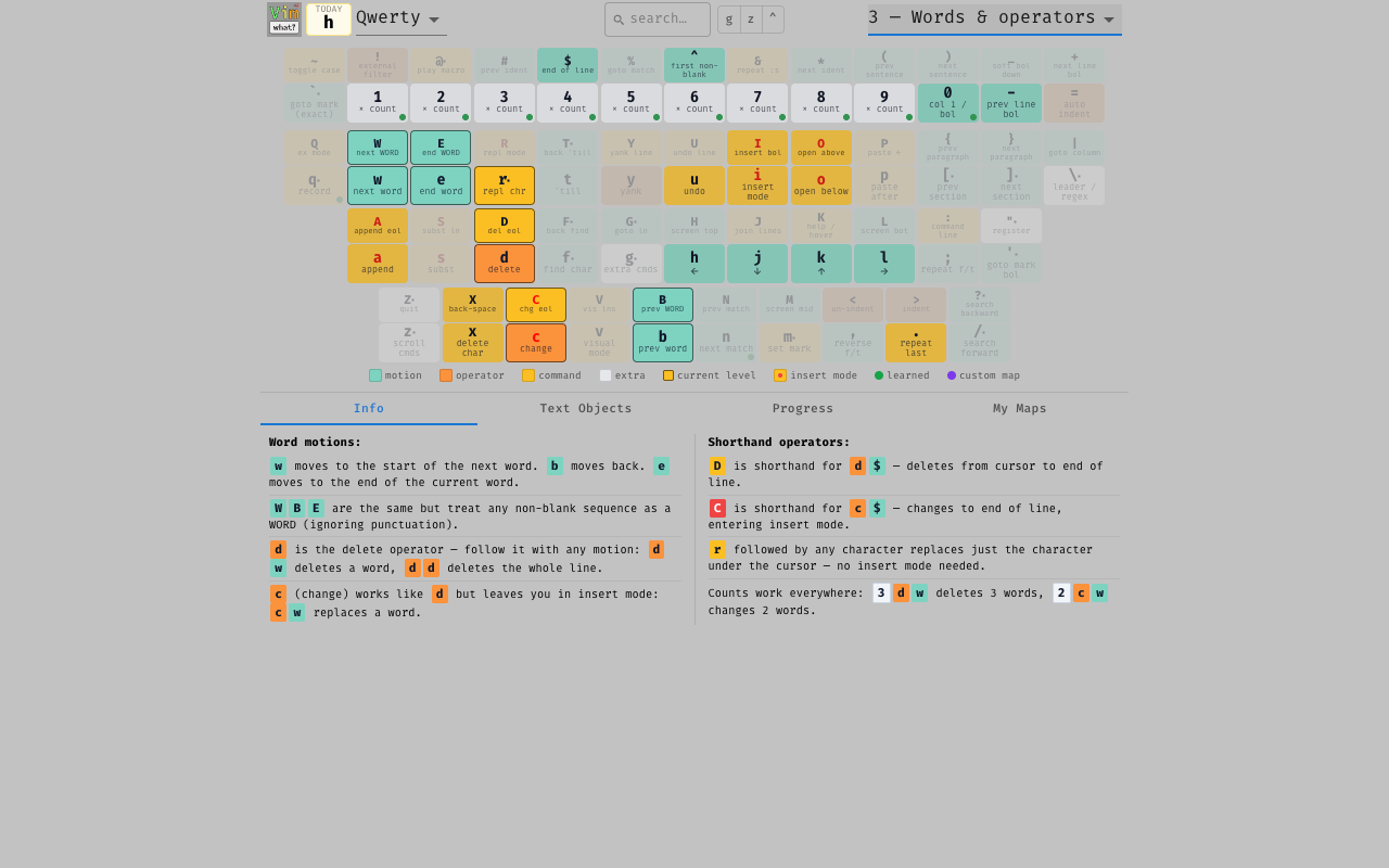 Lesson 3 — Words & operators: word motion and delete/change keys highlighted
